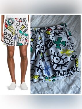 No Boundaries Men's White Doodle Nylon Printed Swim Shorts L 36-30